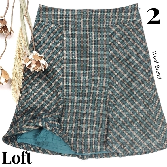 LOFT Dresses & Skirts - Loft Green Plaid Dotted Flutter Bottom Cotton Wool Blend Sz 2